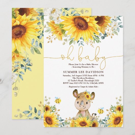Cute Rhino Sunflower Honey Bee Baby shower Kaart (Voorkant / Achterkant)