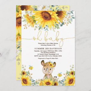 Cute Rhino Sunflower Honey Bee Baby shower Kaart