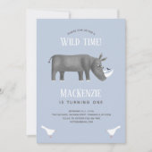 Cute Rhinoceros Boy 1st Birthday Party Invitation Kaart (Voorkant)