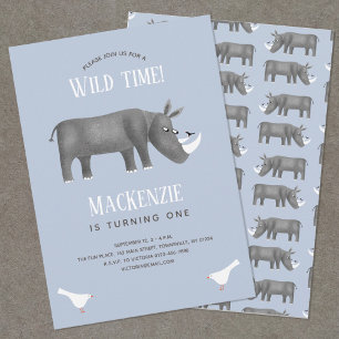 Cute Rhinoceros Boy 1st Birthday Party Invitation Kaart