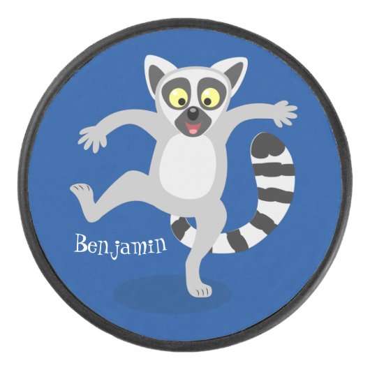 Cute ring tail lemur dansend cartoon illustratie hockey puck (Voorkant)