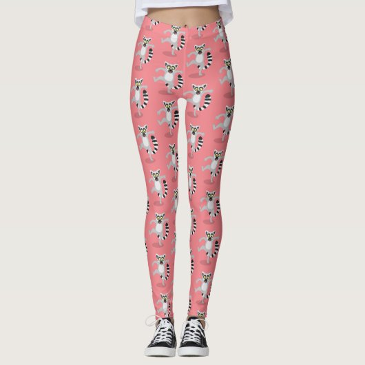 Cute ring tail lemur dansend cartoon illustratie leggings (Voorkant)