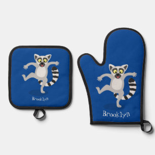 Cute ring tail lemur dansend cartoon illustratie ovenwant & pannenlap set