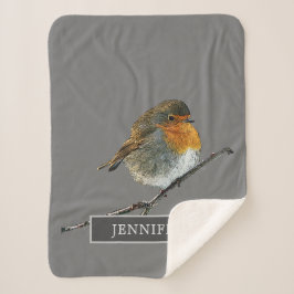 Cute Robin bird family monogrammed grijs Sherpa Deken