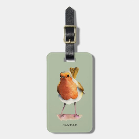 Cute Robin Bird Waterverf Portret | Gepersonalisee Bagagelabel (Voorkant verticaal)