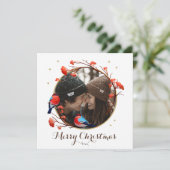 Cute Robin Birds Berries Wreath kerstfoto Feestdagenkaart (Staand voorkant)