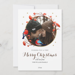 Cute Robin Birds Berries Wreath kerstfoto Feestdagenkaart