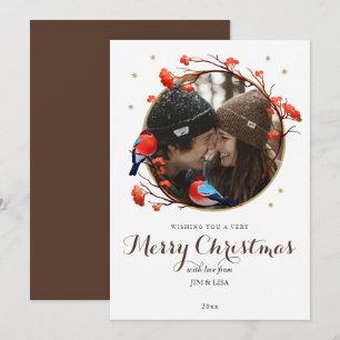 Cute Robin Birds Berries Wreath kerstfoto Feestdagenkaart