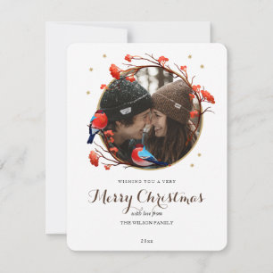 Cute Robin Birds Berries Wreath kerstfoto Feestdagenkaart