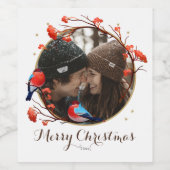 Cute Robin Birds Berries Wreath kerstfoto Wijn Etiket (Enkel label)