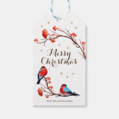 Cute Robin Birds op Red Berry Branch Kerstmis Cadeaulabel (Voorkant)