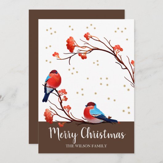 Cute Robin Birds op Red Berry Branch Kerstmis Feestdagenkaart (Voorkant / Achterkant)