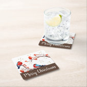 Cute Robin Birds op Red Berry Branch Kerstmis Kartonnen Onderzetters (Insitu)