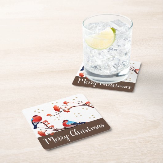 Cute Robin Birds op Red Berry Branch Kerstmis Kartonnen Onderzetters (Insitu)