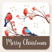 Cute Robin Birds op Red Berry Branch Kerstmis Kartonnen Onderzetters (Voorkant)