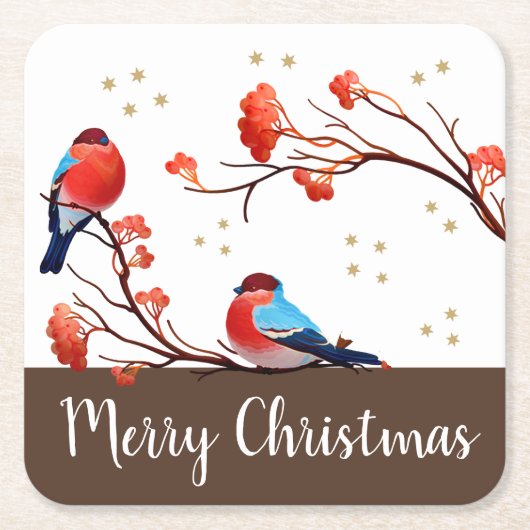 Cute Robin Birds op Red Berry Branch Kerstmis Kartonnen Onderzetters (Voorkant)