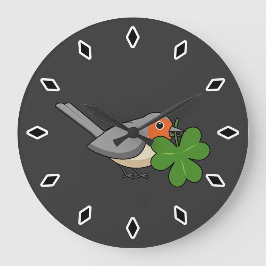 Cute Robin met Shamrock Clover-Cartoon Grote Klok (Voorkant)