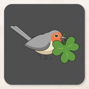 Cute Robin met Shamrock Clover-Cartoon Kartonnen Onderzetters