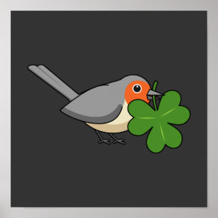Cute Robin met Shamrock Clover-Cartoon Poster