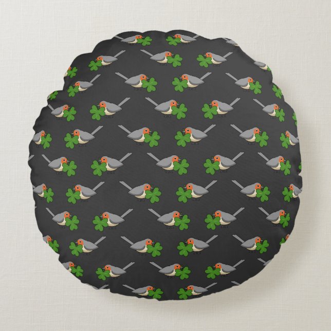 Cute Robin met Shamrock Clover-Cartoon Rond Kussen (Voorkant)