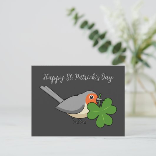 Cute Robin met Shamrock Clover-Cartoon | Tekst toe Feestdagenkaart (Staand voorkant)