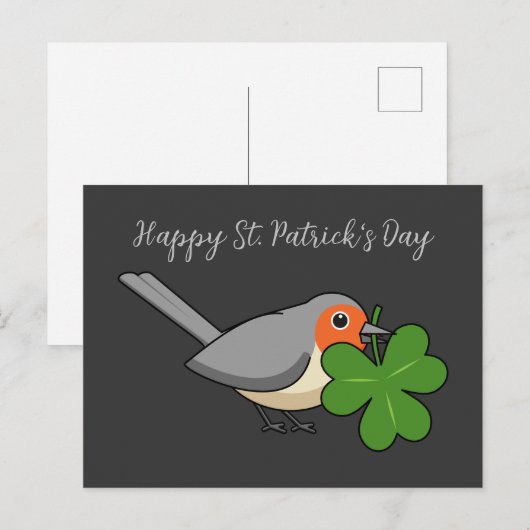 Cute Robin met Shamrock Clover-Cartoon | Tekst toe Feestdagenkaart (Voorkant / Achterkant)