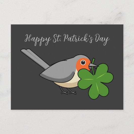 Cute Robin met Shamrock Clover-Cartoon | Tekst toe Feestdagenkaart (Voorkant)