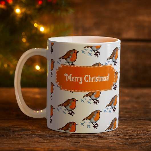 Cute Robin Red Breast Merry Christmas! Pattern Koffiemok