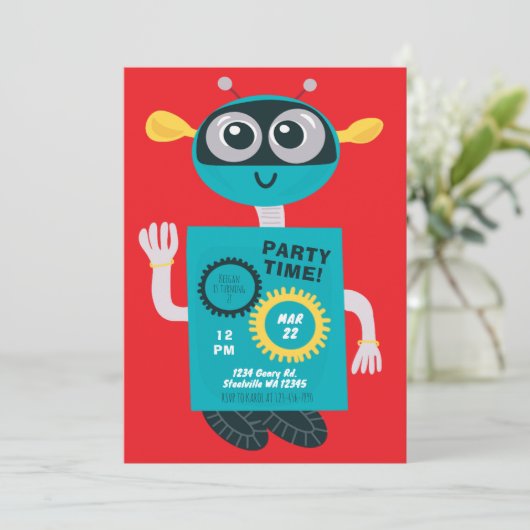 Cute Robot Boys Second Birthday Invitation Kaart (Staand voorkant)