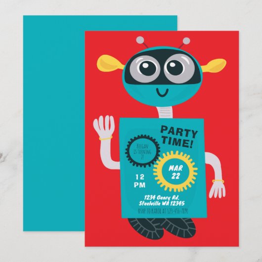 Cute Robot Boys Second Birthday Invitation Kaart (Voorkant / Achterkant)