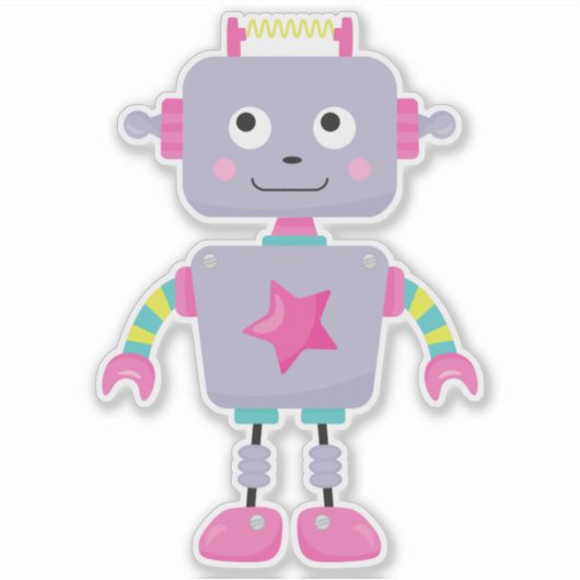 Cute Robot, Funny Robot, Gekke Robot, Paarse Robot Sticker (Voorkant)