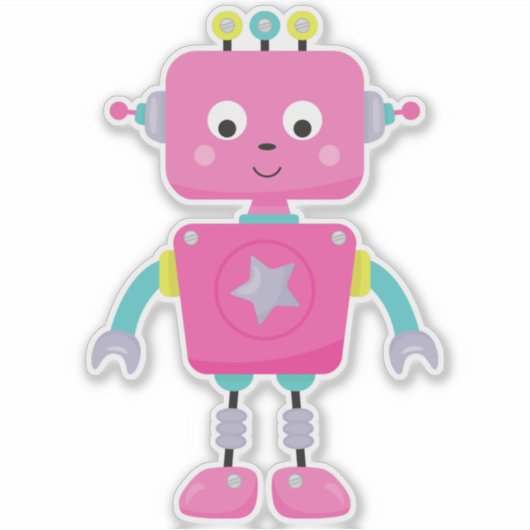 Cute Robot, Funny Robot, Gekke Robot, Robot, Roze  Sticker (Voorkant)