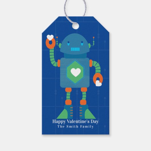 Cute Robot Happy Valentines Day Blue Cadeaulabel (Voorkant)