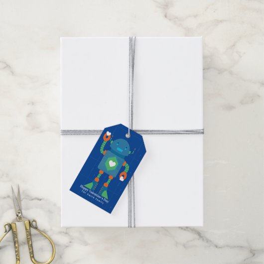 Cute Robot Happy Valentines Day Blue Cadeaulabel (Met Touw)