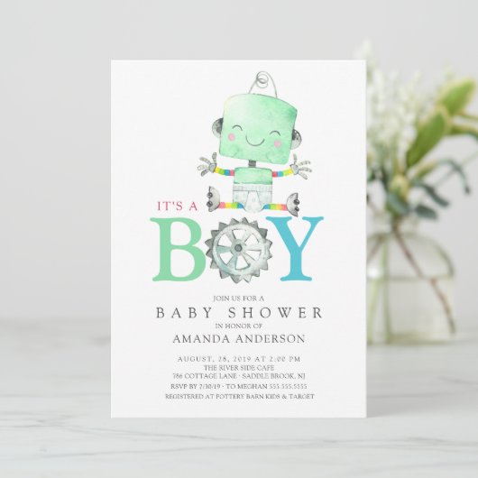 Cute Robot Het is een Boy Baby shower Kaart (Staand voorkant)