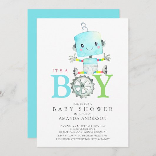 Cute Robot Het is een Boy Baby shower Kaart (Voorkant / Achterkant)