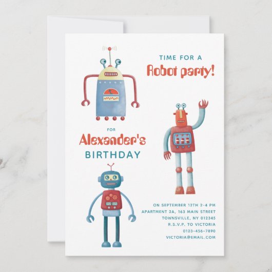 Cute Robot Kids Birthday Party Invitation Kaart (Voorkant)