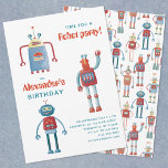 Cute Robot Kids Birthday Party Invitation Kaart<br><div class="desc">Tijd voor een feest! Een leuk stel schattige kleine robots,  klaar om je aan te passen aan de naam van je kind en de feestgegevens. Op de achterzijde is een schattig en griezelig robotarcpatroon te zien.</div>