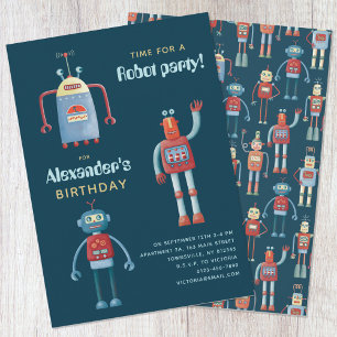 Cute Robot Kids Birthday Party Invitation Kaart