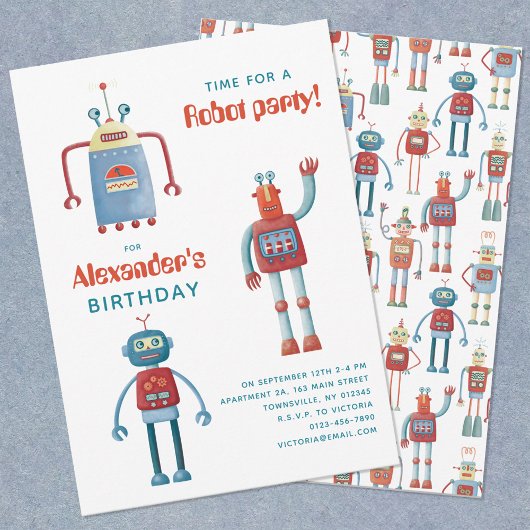 Cute Robot Kids Birthday Party Invitation Kaart