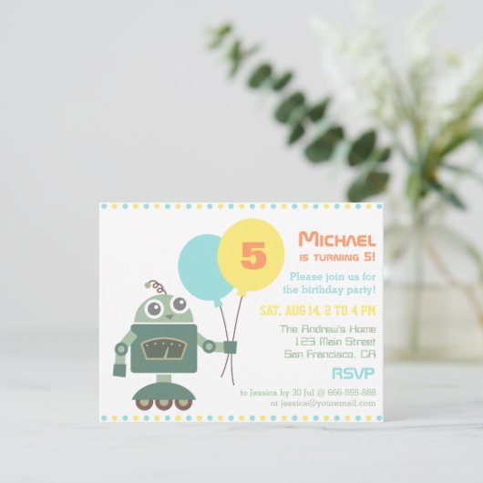 Cute Robot met Ballon Birthday Party Uitnodigingen (Staand voorkant)