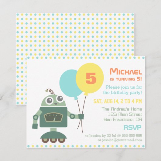 Cute Robot met Ballon Birthday Party Uitnodigingen (Voorkant / Achterkant)