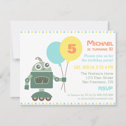 Cute Robot met ballon verjaardagsfeest uitnodiging (Voorkant)