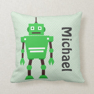 Cute Robot Pillow, Green, White, Black Kussen