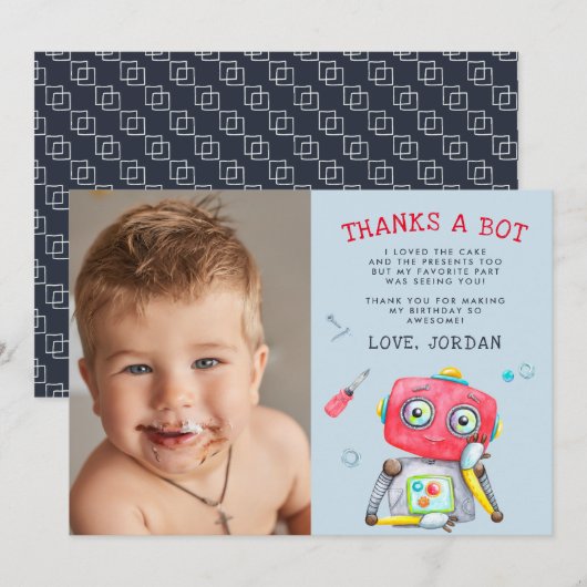 Cute Robot | Platte bedank foto kaart (Voorkant / Achterkant)