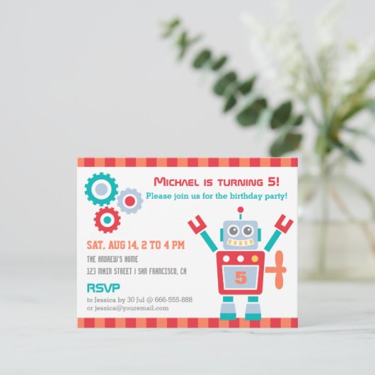 -Cute Robot Speelgoed, uitnodiging op zaterdag (Staand voorkant)