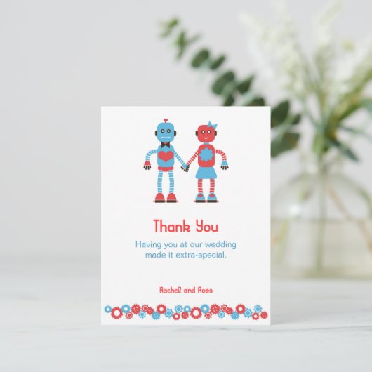 Cute Robot Theme Wedding Bedankkaart (Staand voorkant)
