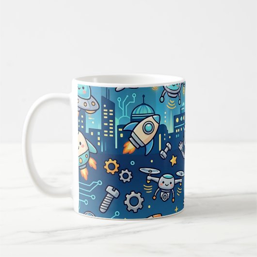 Cute Robot Toekomstige Stad Mok - Tech Patroon (Links)