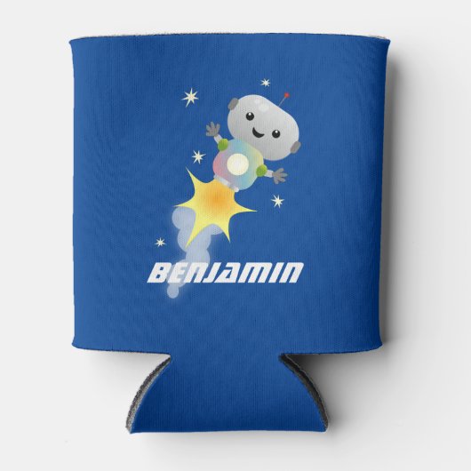 Cute robot vliegend in de cartoon van de ruimte blikjeskoeler (Voorkant)