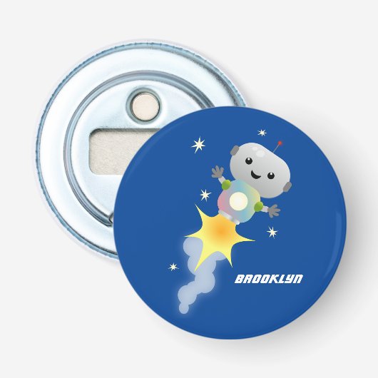 Cute robot vliegend in de cartoon van de ruimte button flesopener (Voorkant)